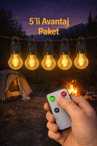 Edison Solar LED Kamp Ampülü | USB Şarjlı Kumandalı Işık | 5'li Avantaj Paket
