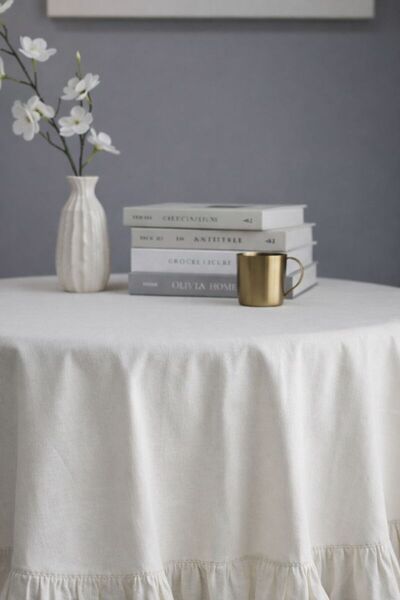 Soft Kare Linen Textured Ruffled Round Tablecloth – Natural and Stylish Design, Compatible with Modern & Classic Decor