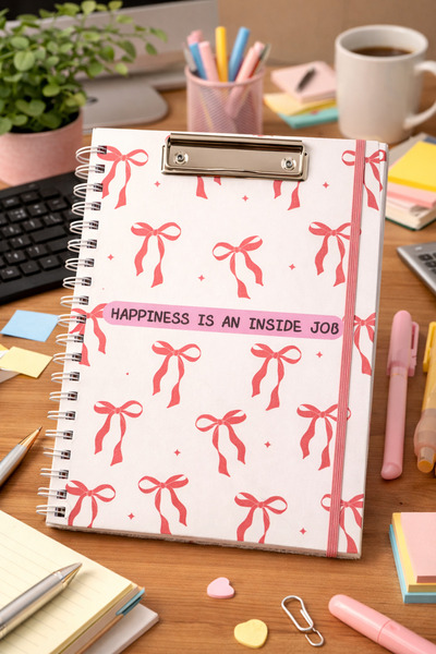 matheon A4 Klipsli Spiralli Defter Çizgili İç Sayfa Pembe Fiyonk Desenli Dosy...