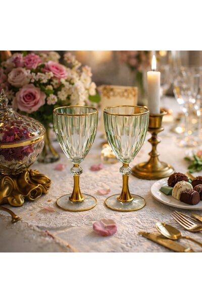 HUBART Aurelia 2’li Set Gold Ayaklı Yeşil Cam Kahve Yanı Su Bardağı Şık Sunum...