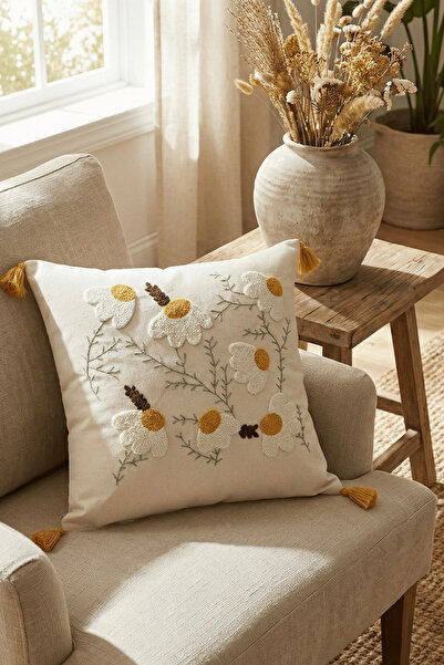 Destiva Home غطاء وسادة مزخرف مطرز بزهرة الربيع الملونة مع شراشيب من القطن مق...