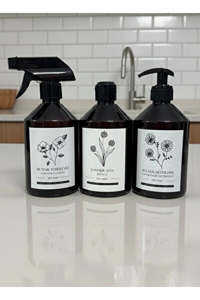Dem Home Amber Cam Görünümlü Plastik Sabunluk 3lü Bulaşık Deterjanı-çamaşır S...