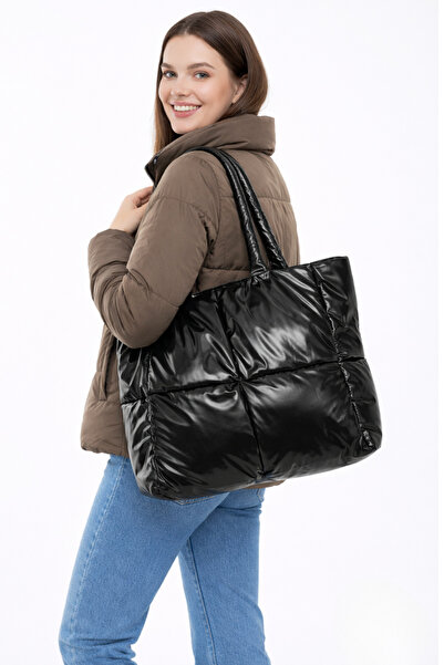 Woys Bags Μαύρη καπιτονέ φουσκωτή πουφ γυναικεία τσάντα ώμου