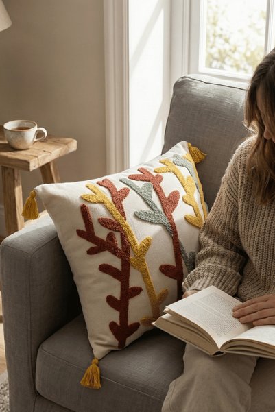 Destiva Home Colorful Branch Punch Embroidered Decorative Tasseled Throw Pillow Cover Cotton 42 X 42 cm