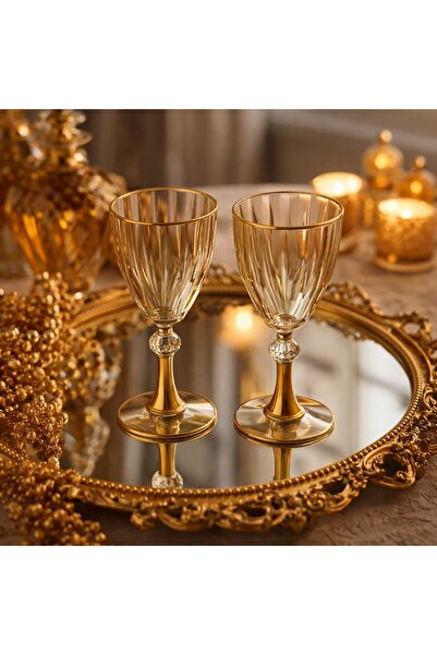 HUBART Amber Renk Gold Detaylı Ayaklı Cam Kadeh 6’lı Set – Şık Sunum & Davetl...