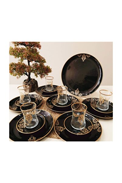 HUBART 19 Parça Gold Siyah Tabaklı 6 Kişilik Çay Pasta Takımı