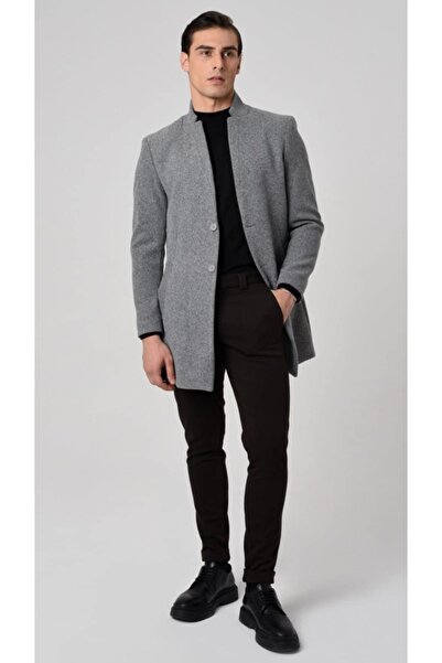 Nokta Moda Men's Silim Fit Cashmere Coat - Black Anthracite, New Season 2025