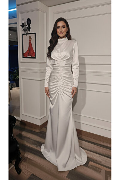 makbuleofficial Beyaz Saten Drapeli, Tesettür Gelinlik Nişanlık Nikahlık Abiye