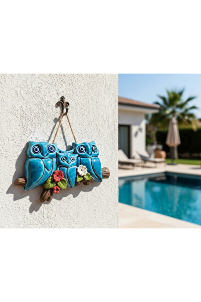 mertyavm Seramik 3 Baykuş Duvar Kapı Süsü Dekoratif Nazar Boncuklu Kapı Balko...