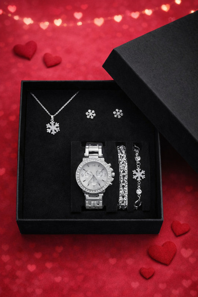 Arzu Butik Gümüş Renk Kadın Kol Saati & Kolye Ve Küpe Kombin Hediye Seti