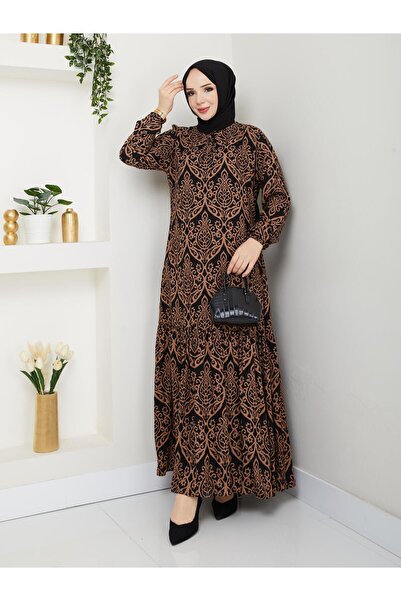 vmeste Καφέ φόρεμα με οθωμανικό σχέδιο Βισκόζη σε μεγάλο μέγεθος