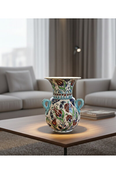 mertyavm Seramik Vazo Ebru Desenli Vazo Hediyelik Çini Vazo El Yapımı 3 Kulpl...