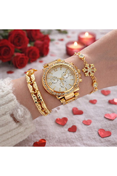 Arzu Butik Gold Renk Metal Kordon Kadın Kol Saati Ve Kombin Bileklik Seti