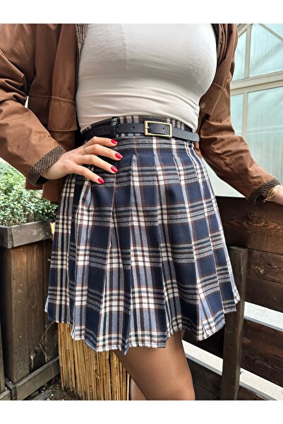 nidistore Kadın Lacivert Ekoseli Kendinden Kemerli ve Pileli Mini Etek