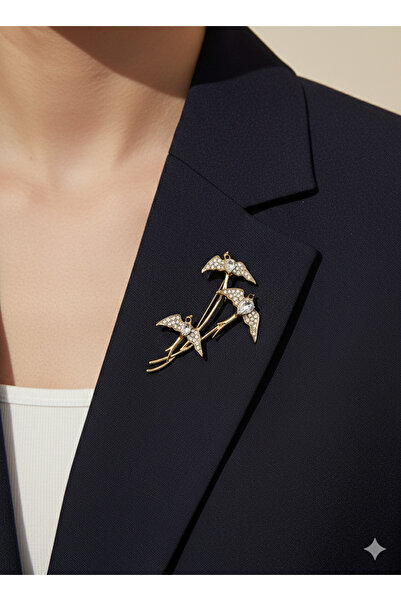 FA LORA TAKI Altın Kaplama Zirkon Taşlı Üçlü Kırlangıç Kuş Broş