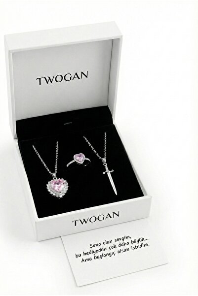 TWOGAN 2'li Gümüş Renk Kalp Kılıç Kolye Ve Yüzük Çift Sevgili Kolyesi 14 Şuba...