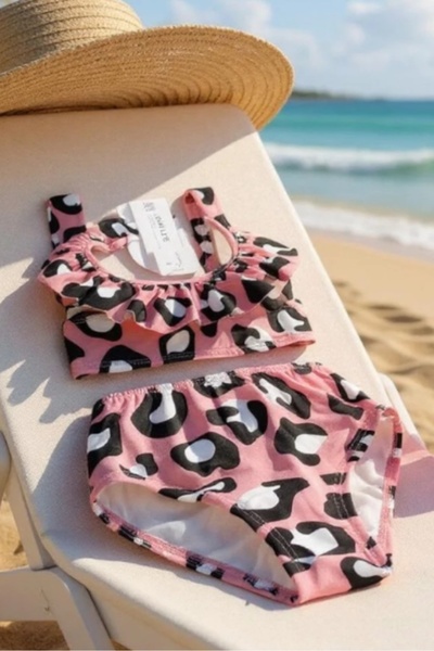 Morbellabutikaksesuar Kız Çocuk Pembe Leopar Desenli İki Parça Mayo Seti