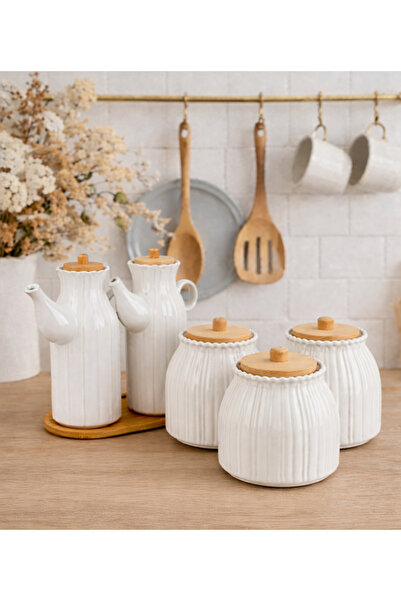 Pembelia Life 6 Parça Bambu Standlı Papatya Porselen 2 li Yağdanlık Ve 3 lü P...