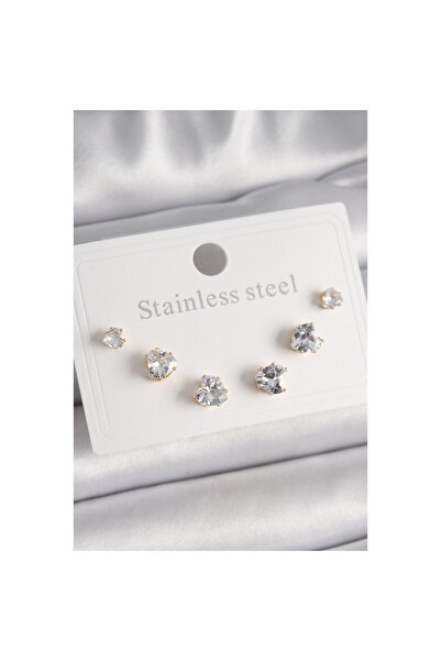 Clariss 316L Steel Gold Color Zircon Stone Heart Model Women's Earring Set