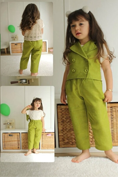 Morbellabutikaksesuar 3 Piece Girl's Set – Green Knitted Vest and Trousers (A...