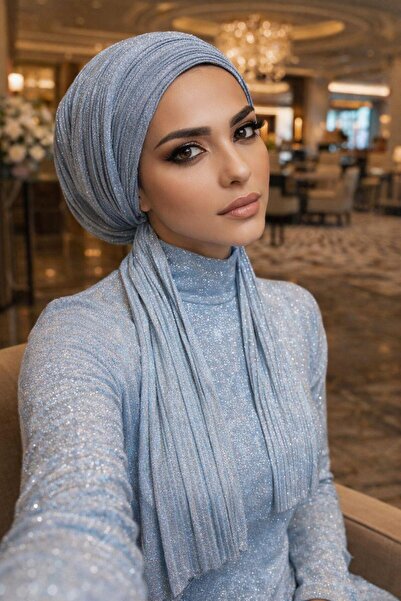 Aişe tesettür Bebe Mavi Simli Piliseli Abiye Atkılı Bone