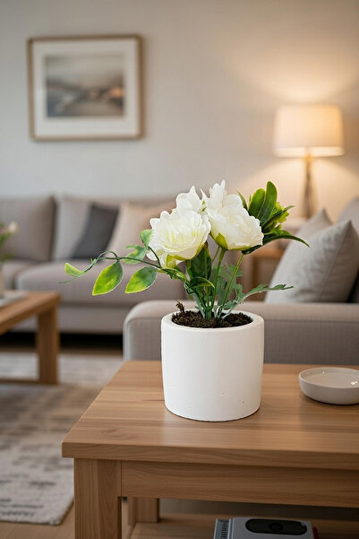 adresiburasi Rose Hydrangea Arrangement Table Flower in Concrete Pot