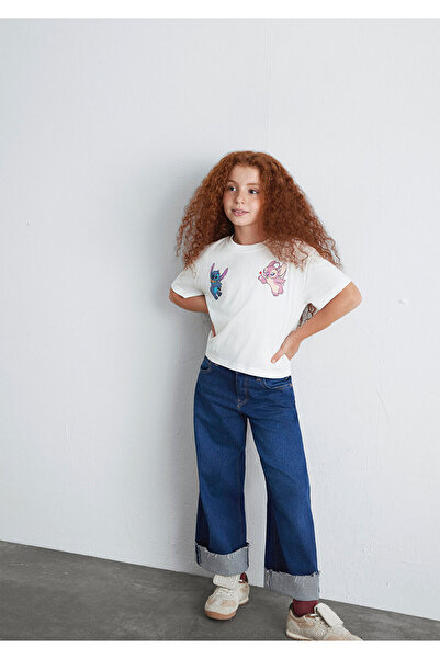 Mavi Stitch Baskılı Ekru Tişört Loose Fit / Bol Rahat Kesim 7610292-70057