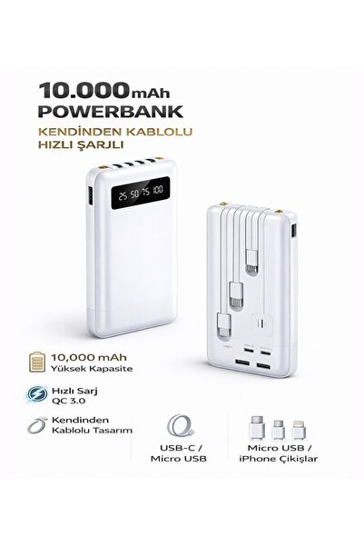 Moxti 10.000 mAh Kendinden Kablolu ve Şarj Göstergeli Siyah Taşınabilir Power...