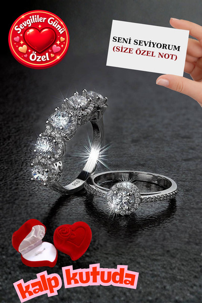 CARAT STONE Gümüş 2.50 Carat Beştaş Ve 1 Carat Tektaş Yüzük Kalp Şeklinde Süe...