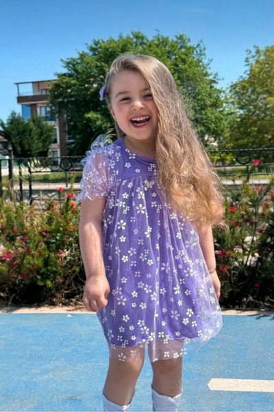 Morbellabutikaksesuar Kız Çocuk Çiçek Desenli Tüllü Elbise