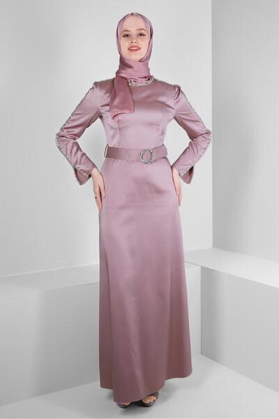 Alvina TAŞ DETAYLI KEMERLİ SATEN ABİYE ELBİSE 50307