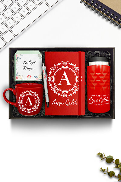 AS&GİFT Kişiye Özel Kırmızı 300 ML Kristal Termos & Defter & Kupa & Kalem Hed...