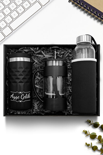 AS&GİFT Kişiye Özel Siyah 300 ML Kristal Termos & French Press & Cam Suluk He...
