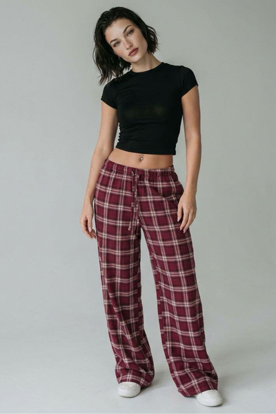 Madmext Bordo Lastikli Bel Geniş Paça Ekose Pantolon MG2658