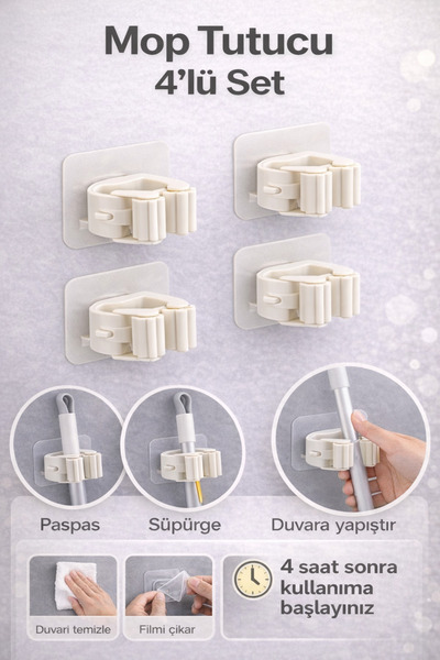 Hayveys 4 Adet Yapışkanlı Pratik Mop Temizlik Fırçası Tutucu