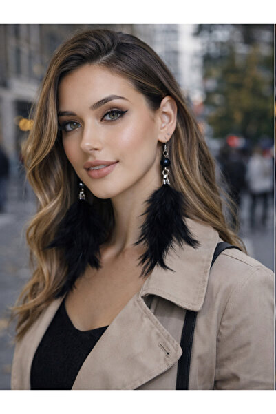 SYAZE أقراط ريشة سوداء مع تفاصيل لؤلؤية - أقراط طويلة على طراز بوهو