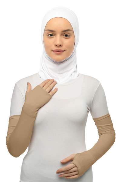 Altobeh Kesik Parmak Geçmeli Penye Tesettür Kolluk - Koyu Bej