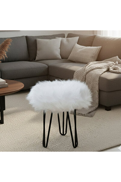 Ratemo Mobilya Beyaz Peluş Puf Tabure, Metal Ayaklı Yumuşak Oturma Pufu (38x3...