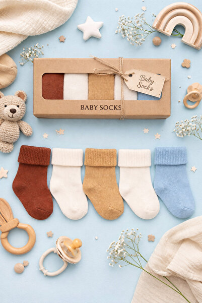 Akface 5 Çift Pamuklu Kahverengi Erkek Bebek Çorabı Kutusu 0-2 Yaş