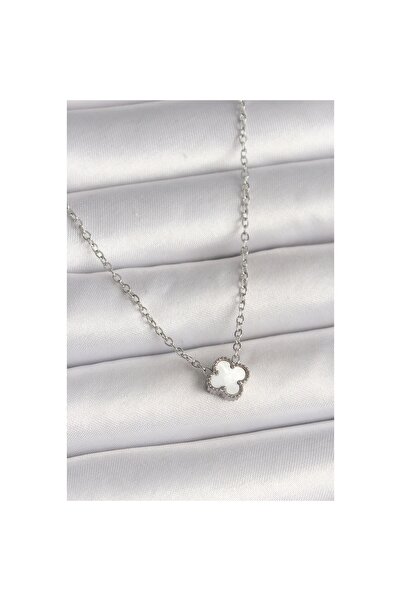Genel Markalar 316L Çelik Gümüş Renk Beyaz Yonca Model Kadın Kolye