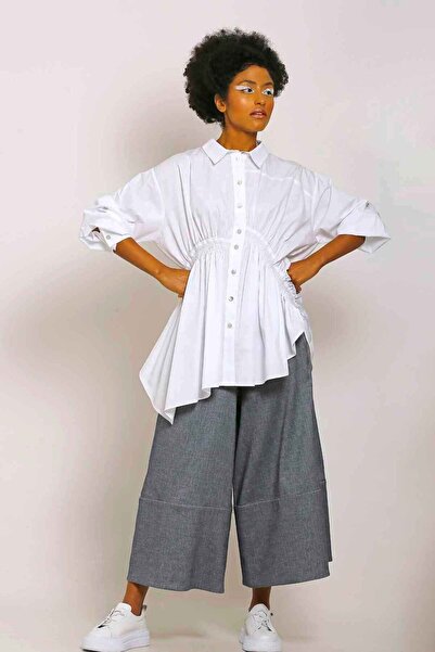 BİZE Büzgülü Gömlek - Beyaz