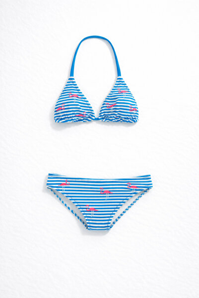 hazelin Kız Çocuk Mavi Beyaz Çizgili Flamingo Desenli  4-12 Yaş Üçgen Bikini ...