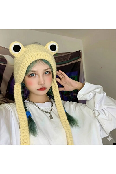 TRENDİN YOLU Sarı kurbağa şapka tarz Kore model uzun bere el yapımı