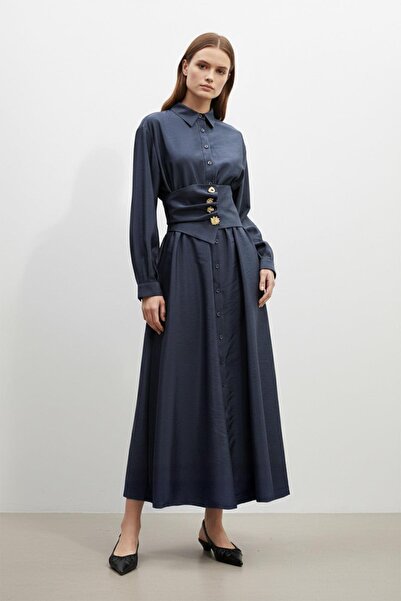 Soul قميص نسائي بياقة وأزرار وحزام عند الخصر وفستان طويل -32455ELB - كحلي