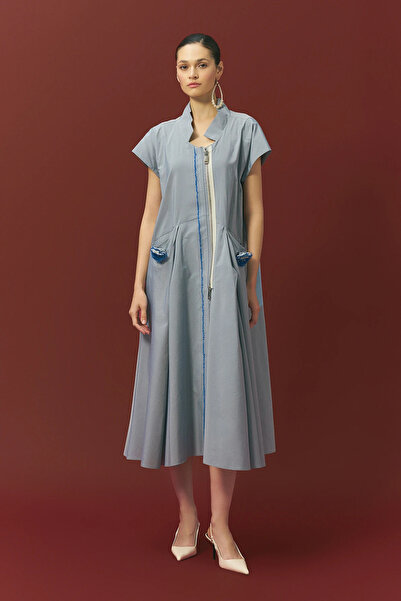 BİZE Gül Cepli Tafta Elbise - Mavi