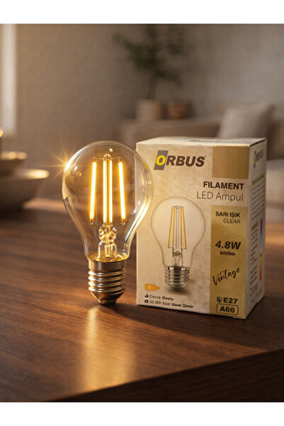 ORBUS F60 4.8W E27 Clear Filament Ampul - 2700K Sarı Işık, 600 Lümen