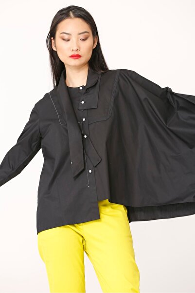 BİZE Fularlı Kuş Motifli Gömlek - Siyah