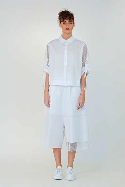 BİZE Paçası Fileli Şalvar Pantolon - Beyaz