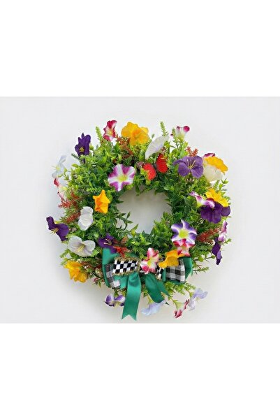 Zeynebinsırüstü İlkbahar Renkli Çiçekli Kelebekli Kapı Süsü – Yapay Çiçek Çelenk