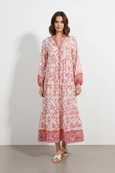 Soul فستان صيفي نسائي بوهيمي منقوش متعدد الطبقات -32361ELB - ECRU-RED